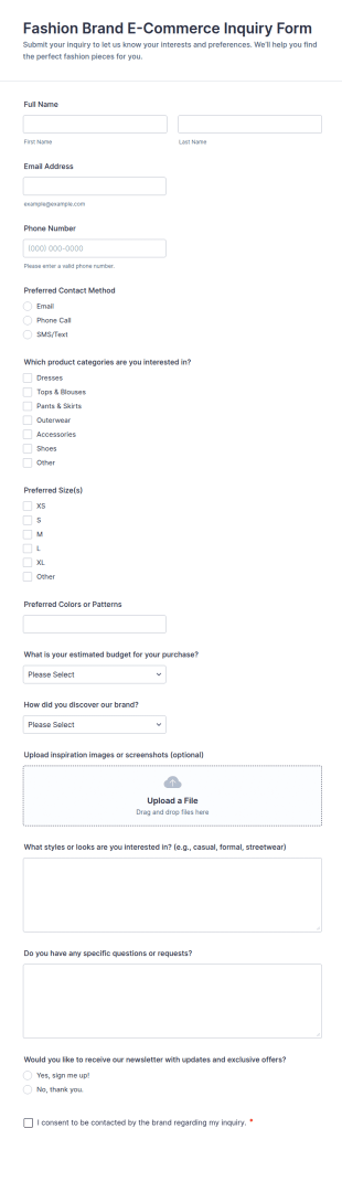 Fashion Brand E Commerce Inquiry Form Template