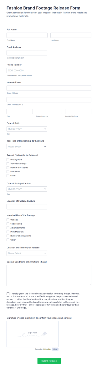 Fashion Brand Footage Release Form Template