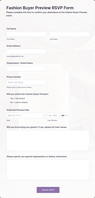 Fashion Buyer Preview RSVP Form Template