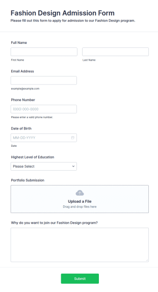 Fashion Design Admission Form Template