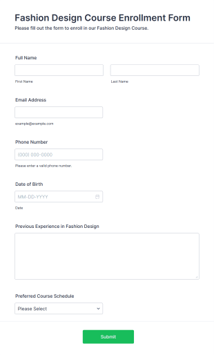 Fashion Design Course Enrollment Form Template