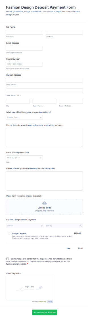 Fashion Design Deposit Payment Form Template