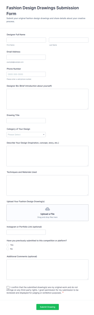Fashion Design Drawings Submission Form Template