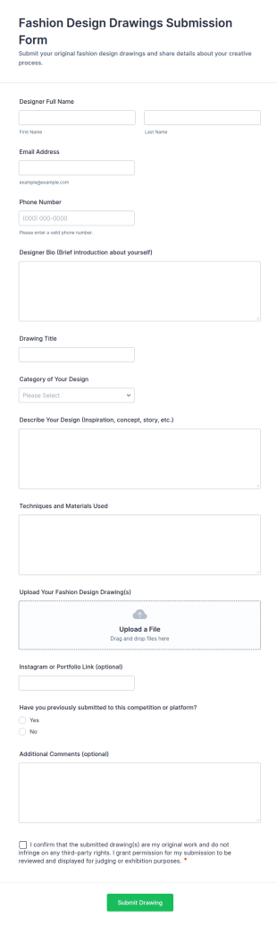 Fashion Design Drawings Submission Form Template