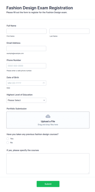 Fashion Design Exam Form Template