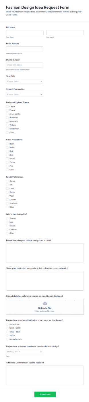 Fashion Design Idea Request Form Template