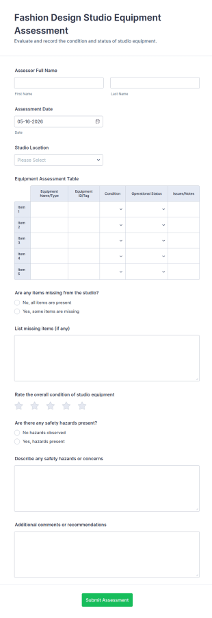 Fashion Design Studio Equipment Assessment Form Template