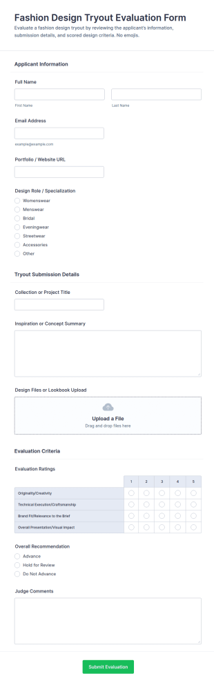 Fashion Design Tryout Evaluation Form Template