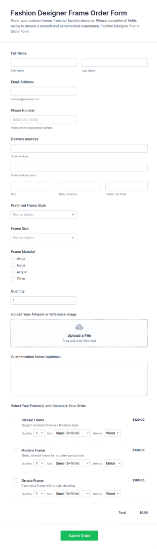 Fashion Designer Frame Order Form Template