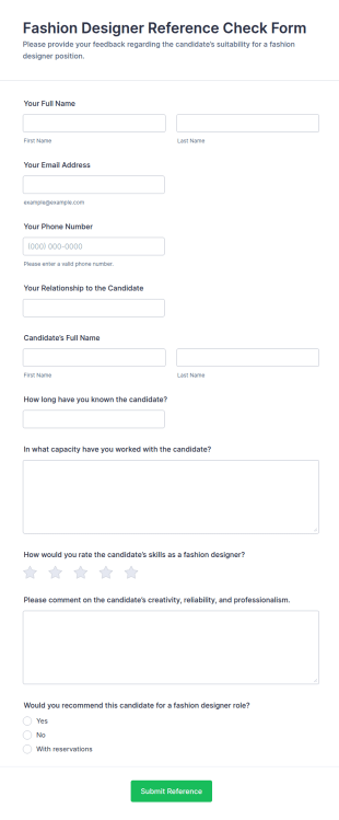 Fashion Designer Reference Check Form Template