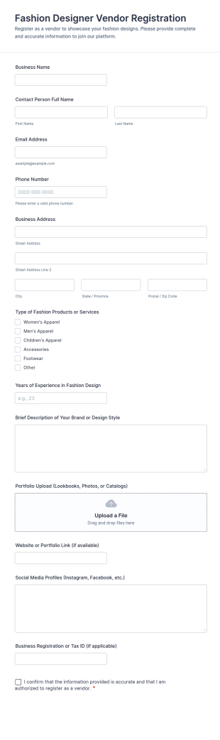 Fashion Designer Vendor Registration Form Template
