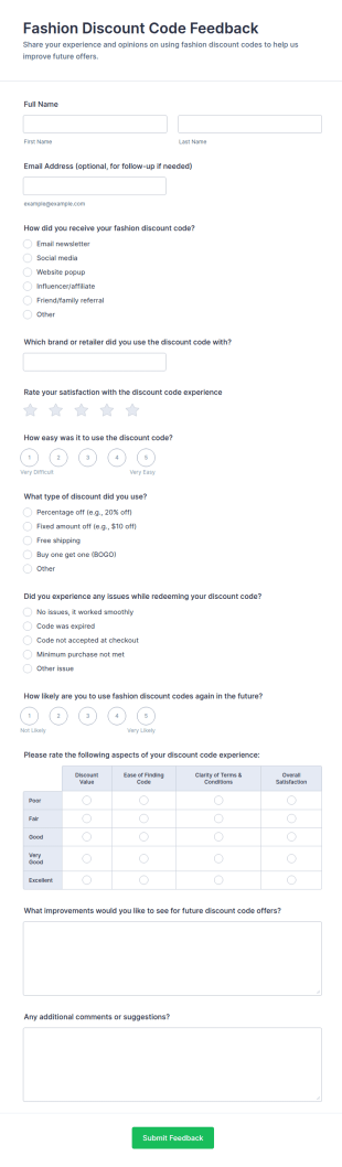Fashion Discount Code Feedback Form Template