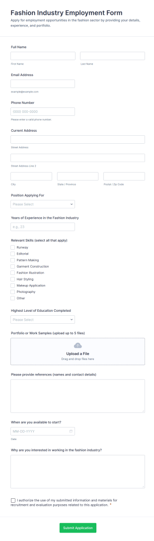 Fashion Industry Employment Form Template