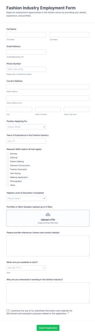 Fashion Industry Employment Form Template