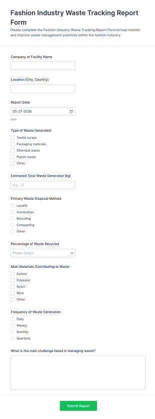 Fashion Industry Waste Tracking Report Form Template