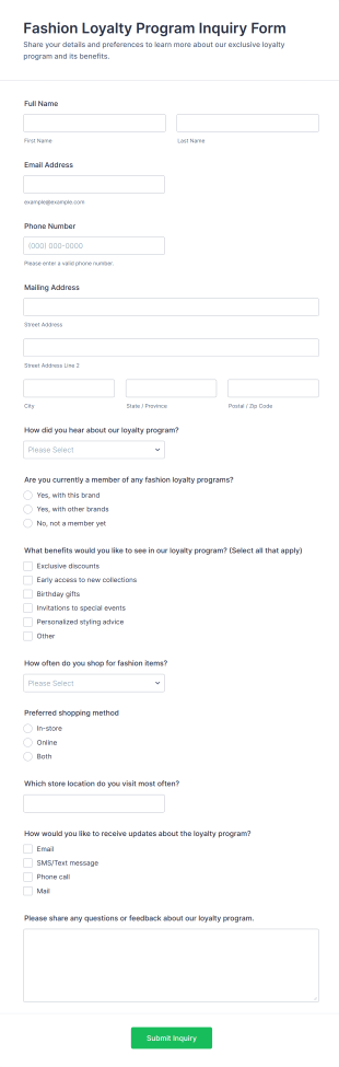 Fashion Loyalty Program Inquiry Form Template