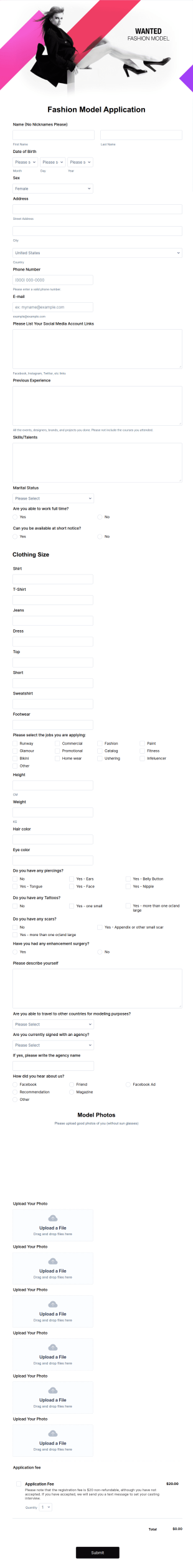 Fashion Model Application Form Template