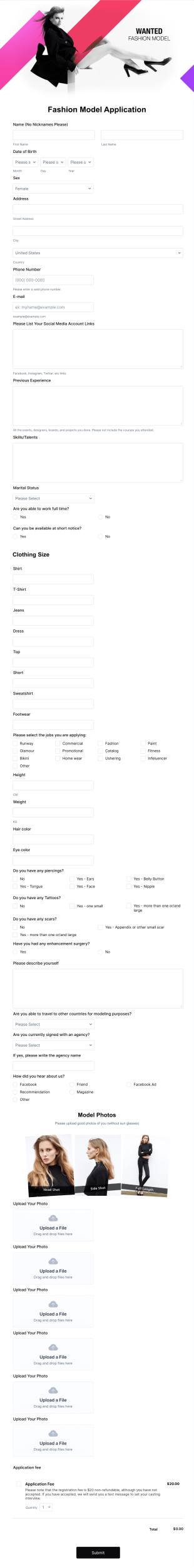 Fashion Model Application Form Template