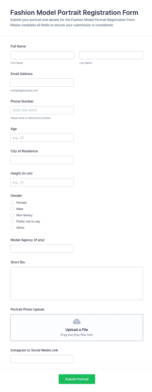 Fashion Model Portrait Registration Form Template