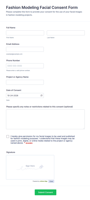 Fashion Modeling Facial Consent Form Template
