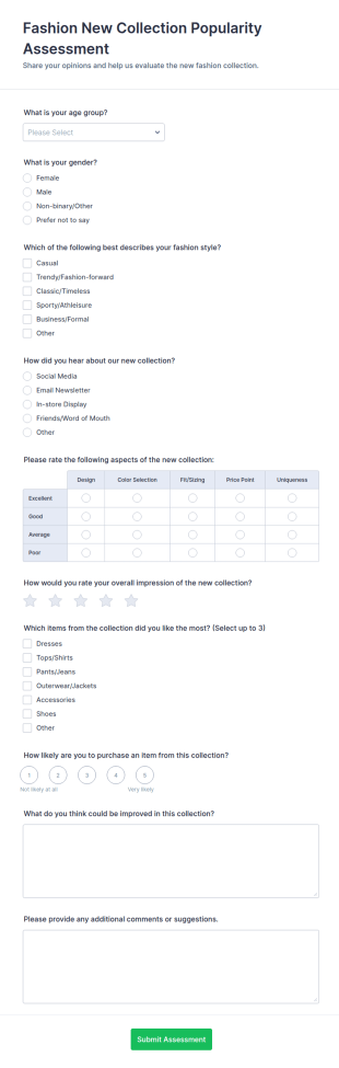 Fashion New Collection Popularity Assessment Form Template