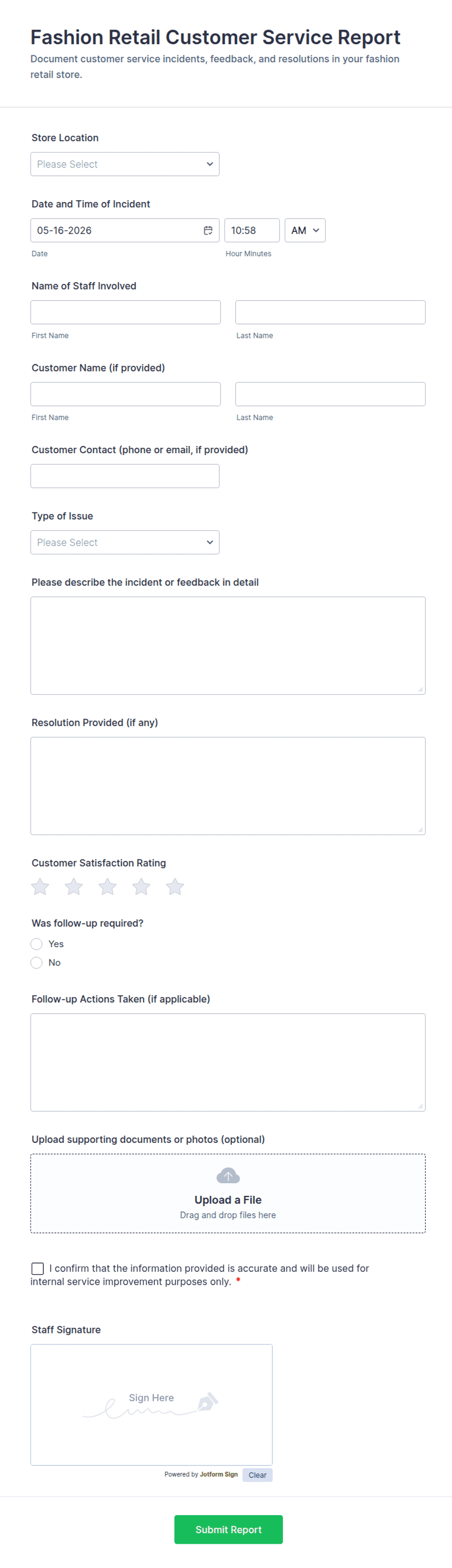 Fashion Retail Customer Service Report Form Template | Jotform