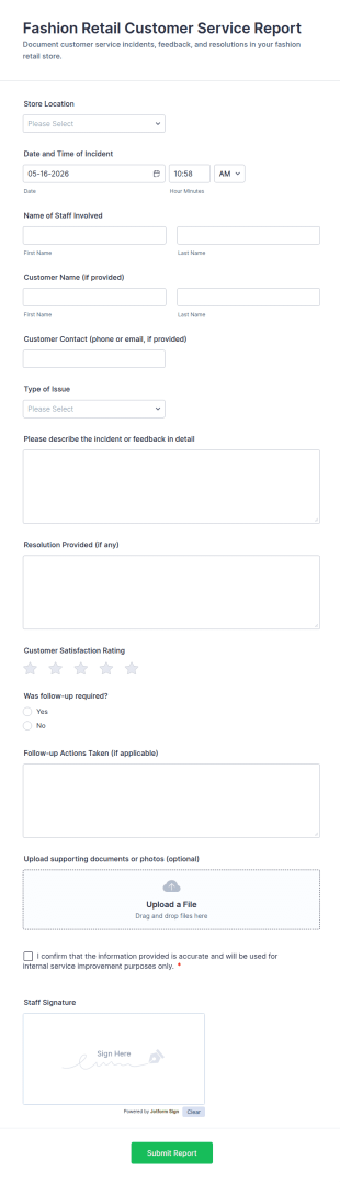 Fashion Retail Customer Service Report Form Template