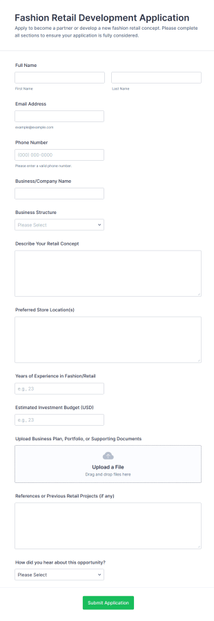 Fashion Retail Development Application Form Template