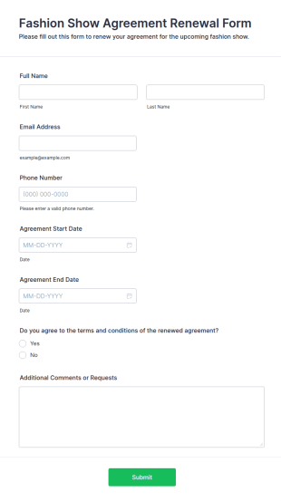 Fashion Show Agreement Renewal Form Template