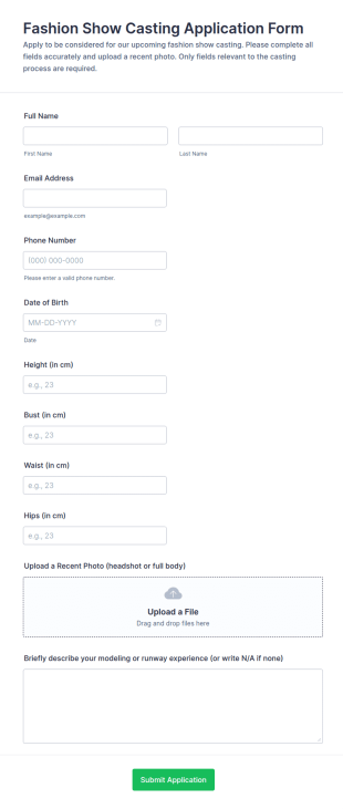 Fashion Show Casting Application Form Template