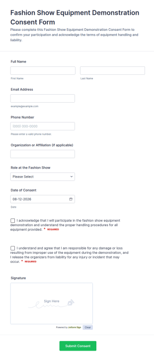 Fashion Show Equipment Demonstration Consent Form Template