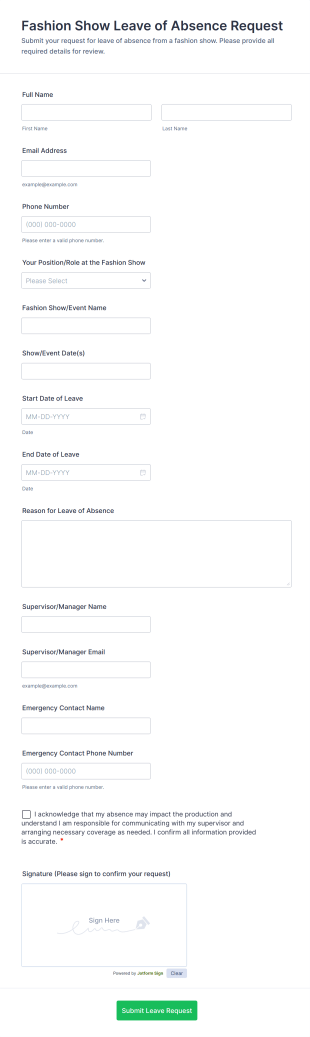 Fashion Show Leave Of Absence Request Form Template