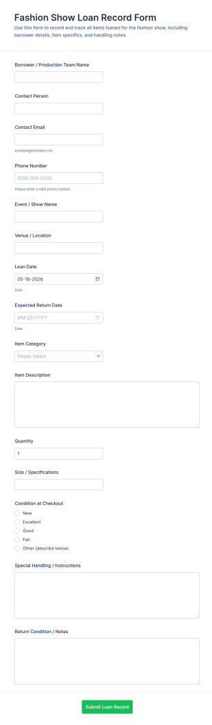Fashion Show Loan Record Form Template