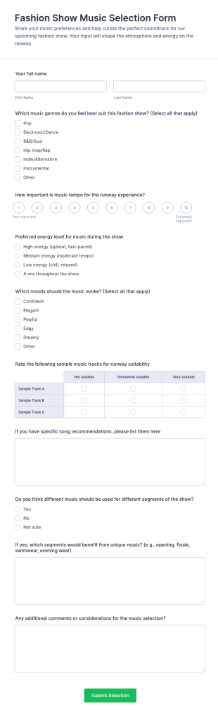 Fashion Show Music Selection Survey Form Template