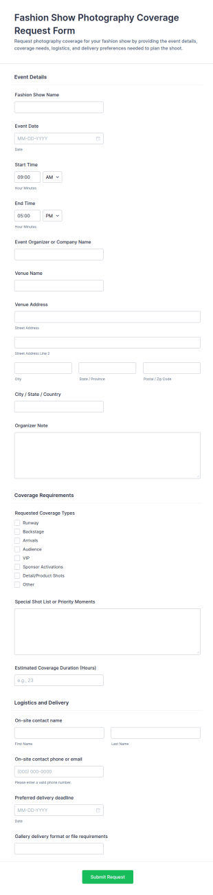 Fashion Show Photography Coverage Request Form Template