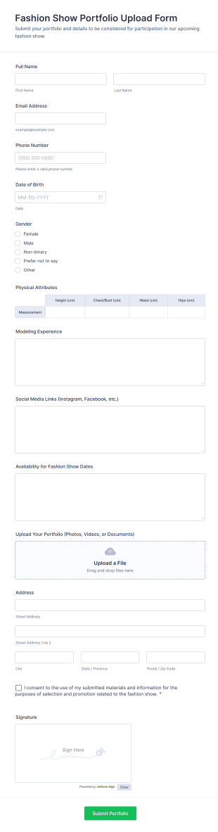 Fashion Show Portfolio Upload Form Form Template
