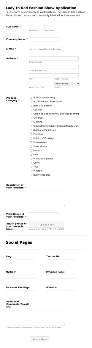Fashion Show Vendor Application Form Template