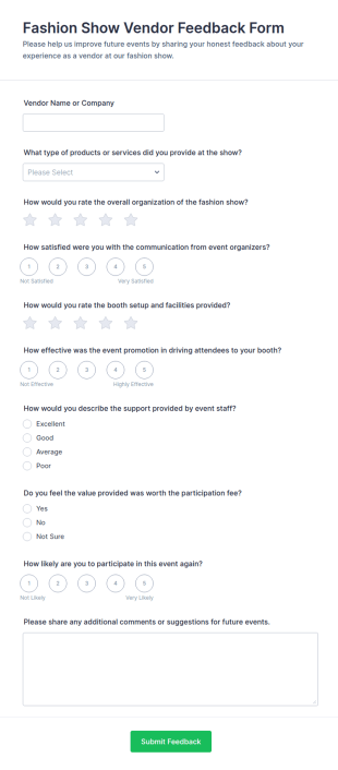 Fashion Show Vendor Feedback Form Template