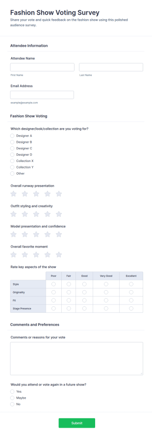 Fashion Show Voting Survey Form Template