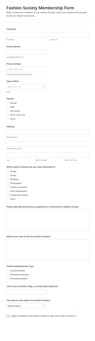 Fashion Society Membership Form Template