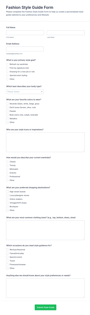 Fashion Style Guide Form Template
