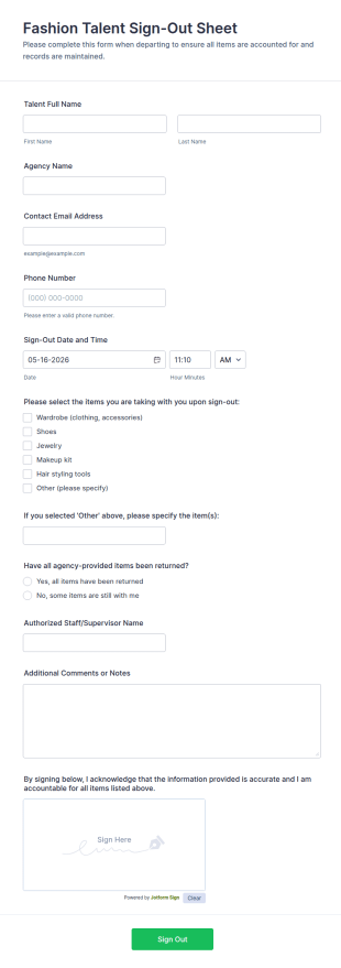 Fashion Talent Sign Out Sheet Form Template