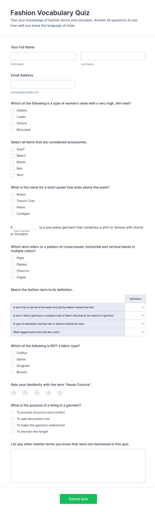 Fashion Vocabulary Quiz Form Template