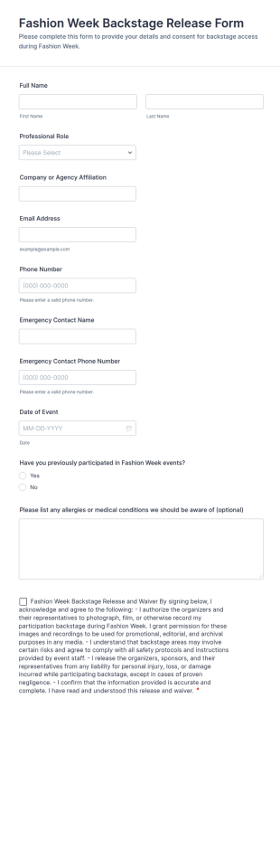 Fashion Week Backstage Release Form Template