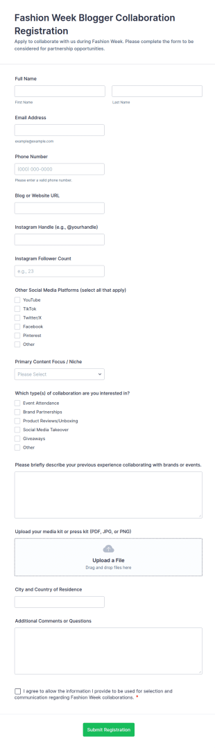 Fashion Week Blogger Collaboration Registration Form Template