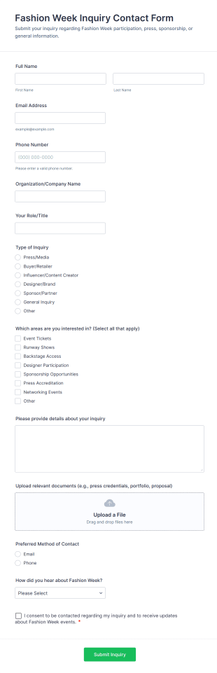 Fashion Week Inquiry Contact Form Template