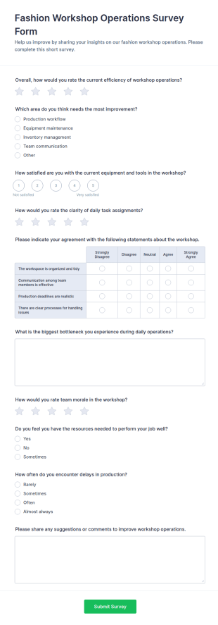 Fashion Workshop Operations Survey Form Template