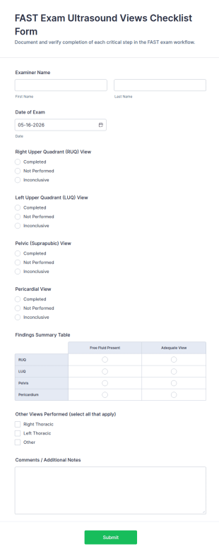 FAST Exam Ultrasound Views Checklist Form Template