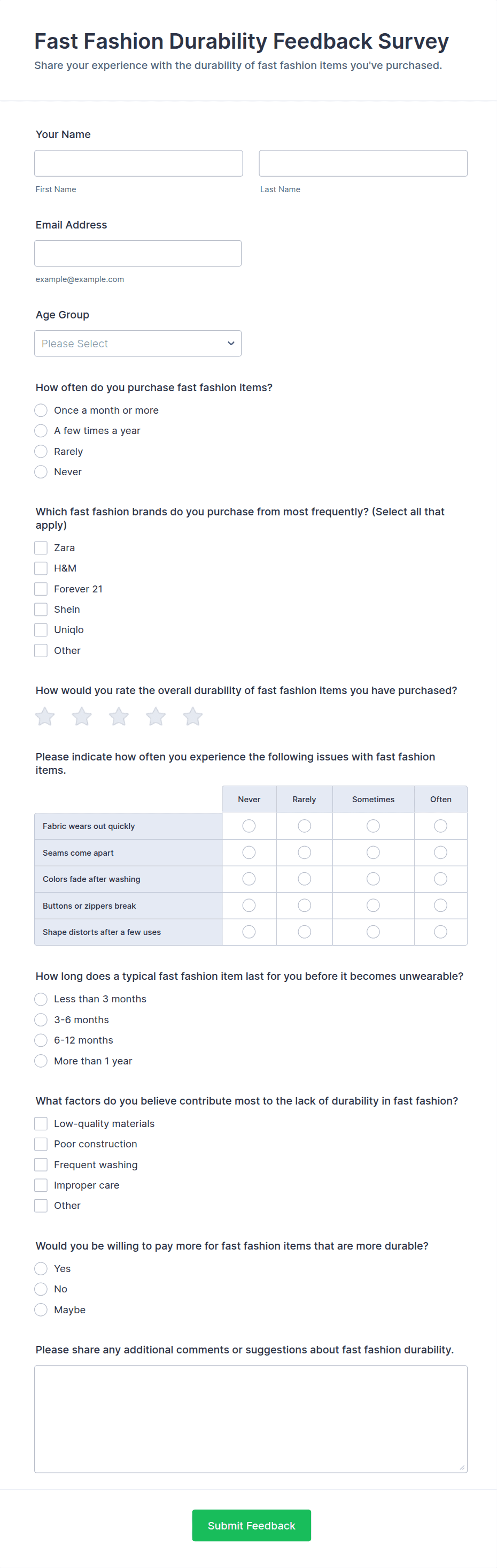 Fast Fashion Durability Feedback Survey Form Template | Jotform