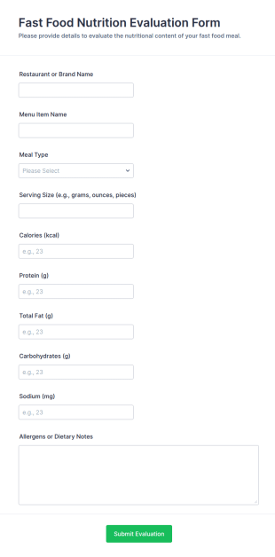 Fast Food Nutrition Evaluation Form Template